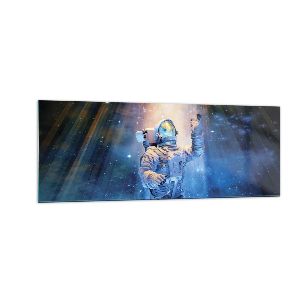 Glasbild - Bild auf glas - Astronaut im Licht einer kosmischen Explosion voller Sterne - 140x50cm - Endlich am Ende - Moderne Wanddekoration für Wohnzimmer und Schlafzimmer ARTTOR