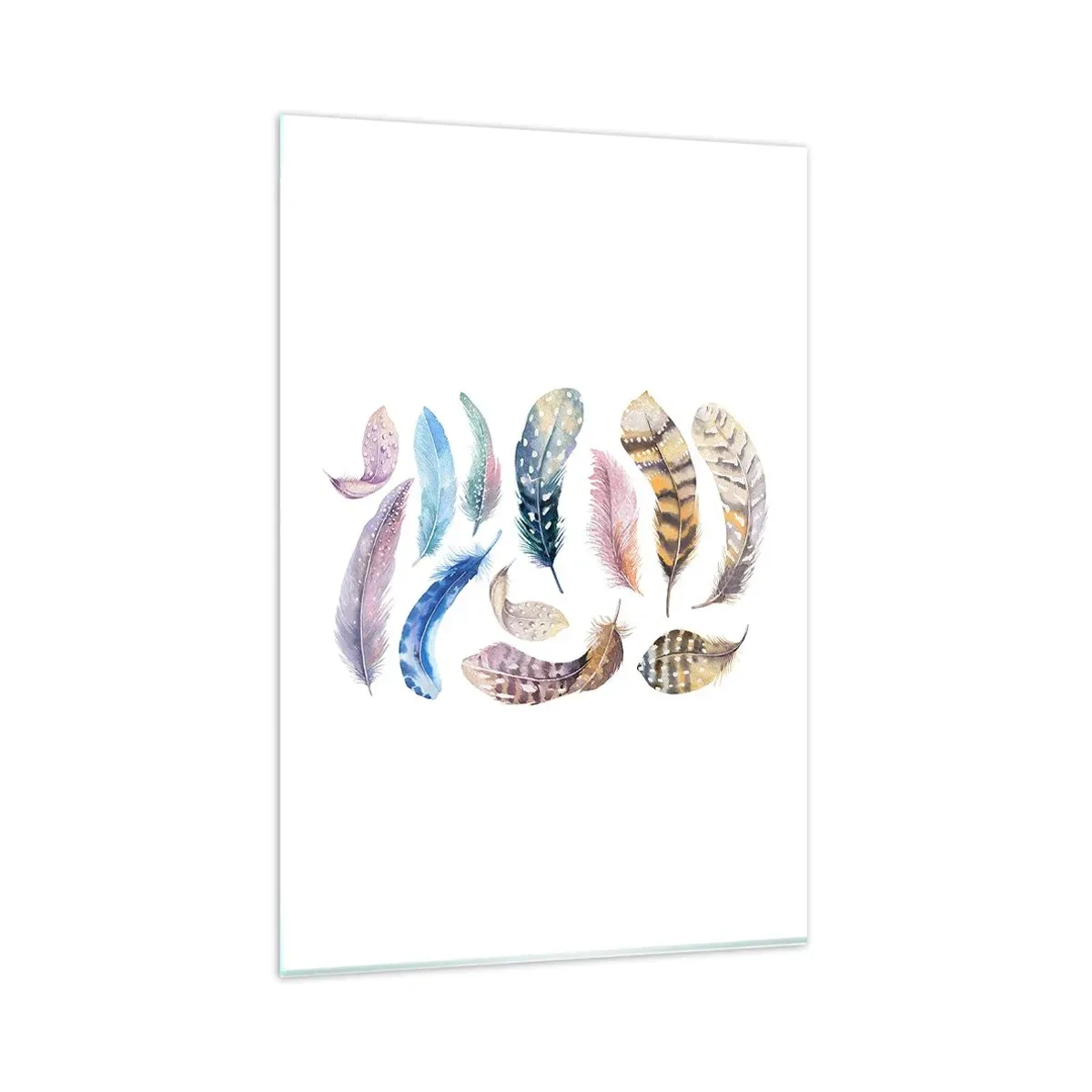 Glasbild - Bild auf glas - Bunte Federn im zarten Aquarell-Stil - 80x120cm - Hell, bunt und bunt - Moderne Wanddekoration für Wohnzimmer und Schlafzimmer ARTTOR