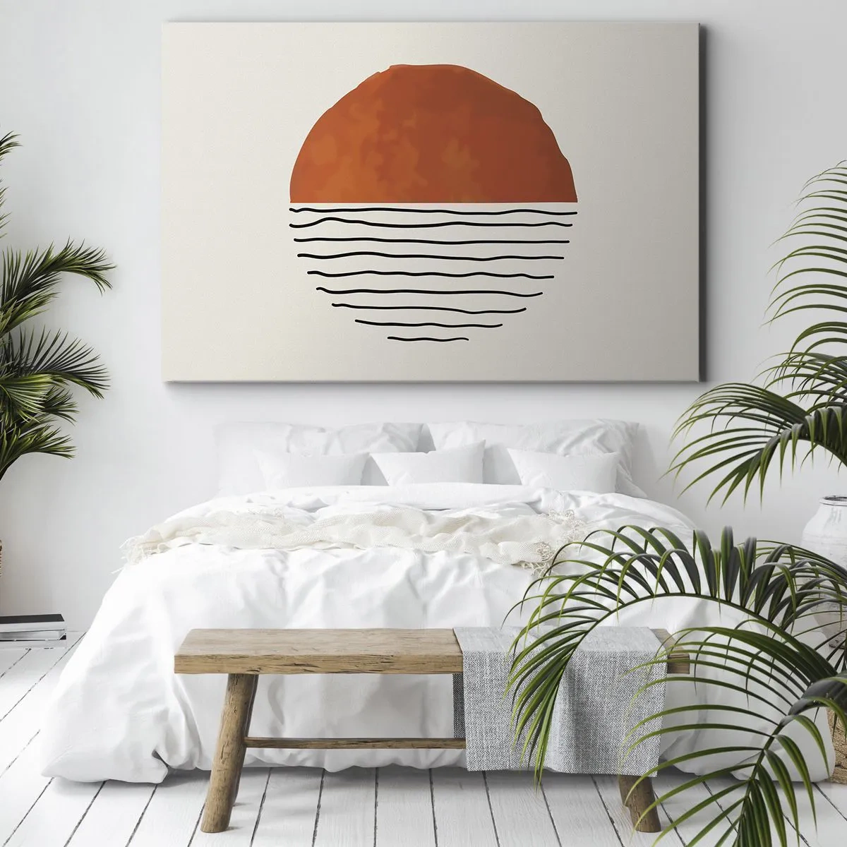 Bild auf Leinwand - Leinwandbild - Ein minimalistischer Sonnenuntergang über wellenartigen Linien - 100x70cm - Im japanischen Klima - Moderne Wanddekoration für Wohnzimmer und Schlafzimmer ARTTOR