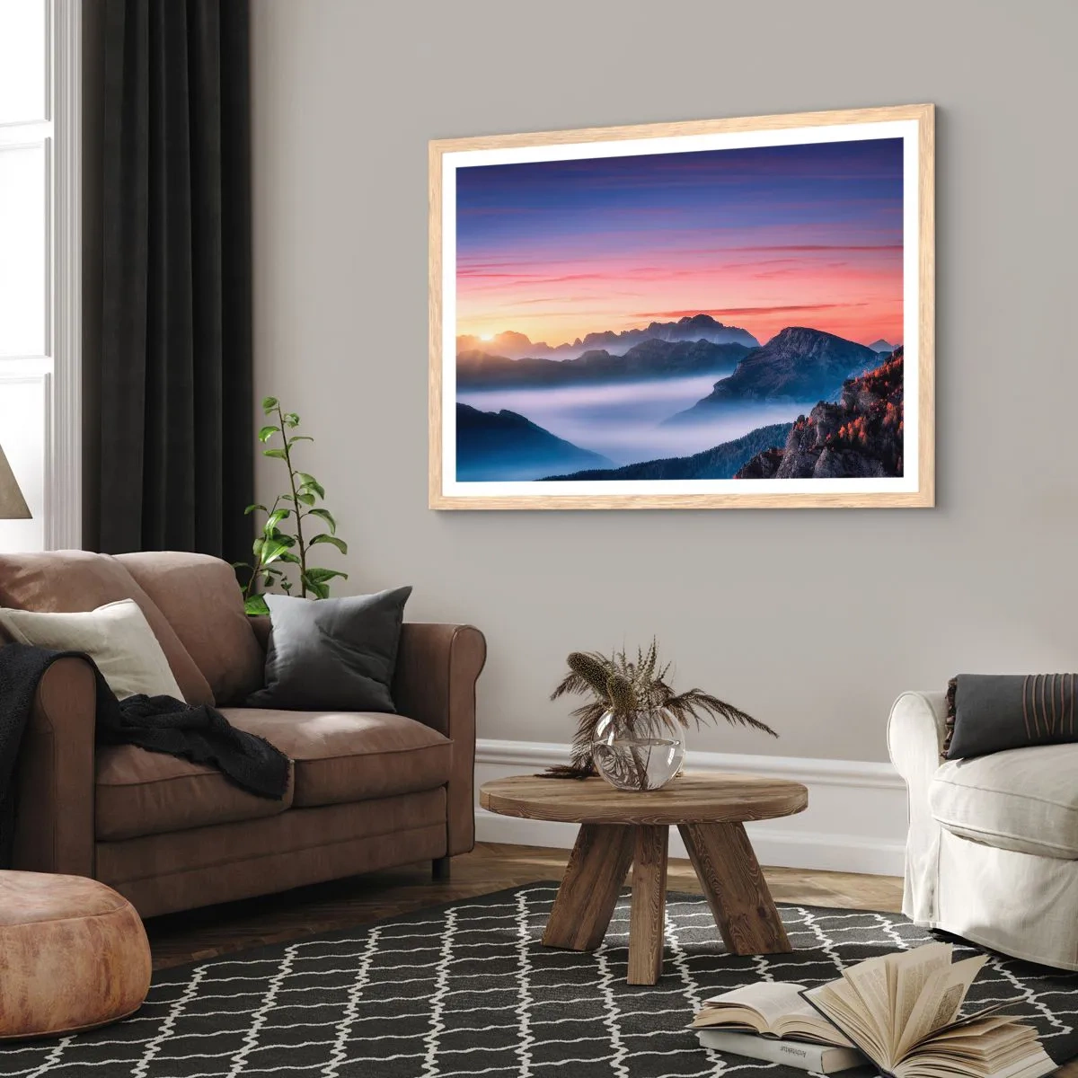 Poster in einem Rahmen aus heller Eiche - Über die Täler - 100x70 cm