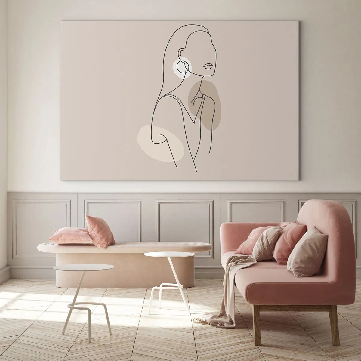 Glasbild - Bild auf glas - Eine minimalistische Silhouette einer Frau auf beigem Hintergrund - 120x80cm - Mädchenhafte Ikone - Moderne Wanddekoration für Wohnzimmer und Schlafzimmer ARTTOR