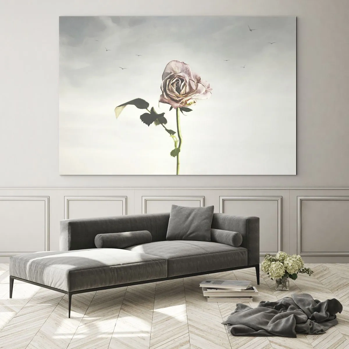 Glasbild - Bild auf glas - Eine zarte Rose vor dem Himmel mit fliegenden Vögeln - 120x80cm - Begrüßung des Frühlings - Moderne Wanddekoration für Wohnzimmer und Schlafzimmer ARTTOR
