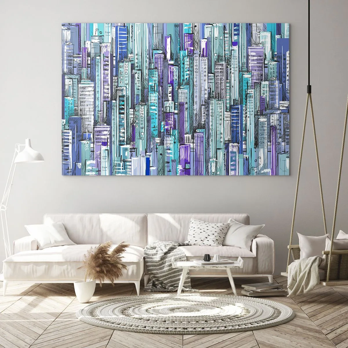 Glasbild - Bild auf glas - Illustration einer Stadt voller Wolkenkratzer in kühlen Farbtönen - 120x80cm - Bläulich von dem Himmel - Moderne Wanddekoration für Wohnzimmer und Schlafzimmer ARTTOR