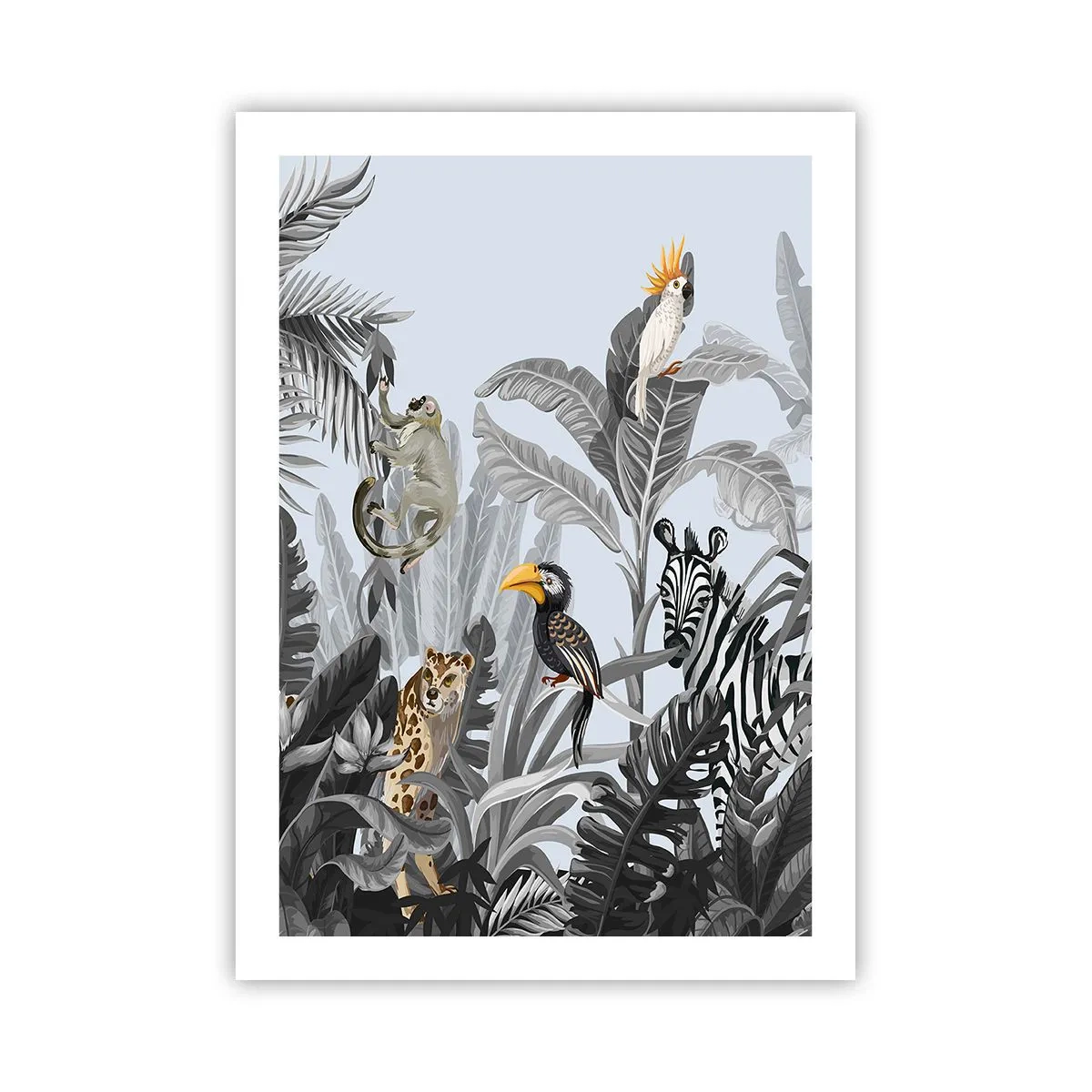 Poster - Bunte tropische Tiere zwischen den Dschungelblättern - 50x70cm - Afrikanisches Märchen - Moderne Wanddekoration für Wohnzimmer und Schlafzimmer ARTTOR