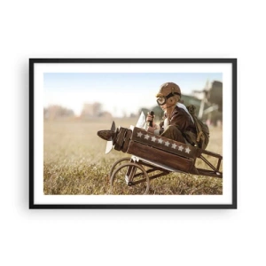 Poster in einem schwarzem Rahmen - Ein Kind in einem Spielzeugflugzeug mit einem Feld im Hintergrund - 70x50cm - Start in Richtung eines Traums - Moderne Wanddekoration für Wohnzimmer und Schlafzimmer ARTTOR