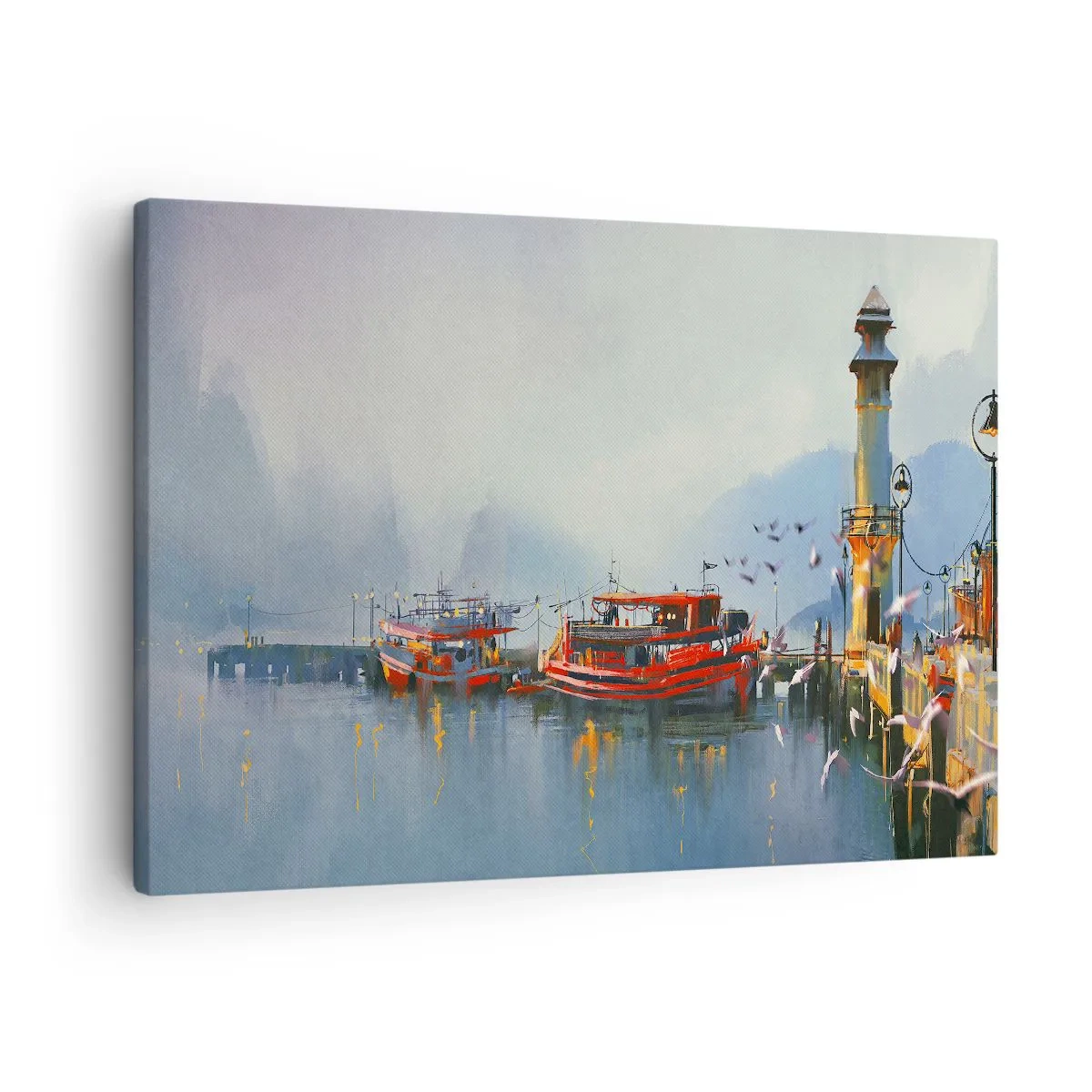 Bild auf Leinwand - Leinwandbild - Ein Hafen mit roten Booten, umgeben von einer nebligen Landschaft - 70x50cm - Am Ende der Welt - Moderne Wanddekoration für Wohnzimmer und Schlafzimmer ARTTOR