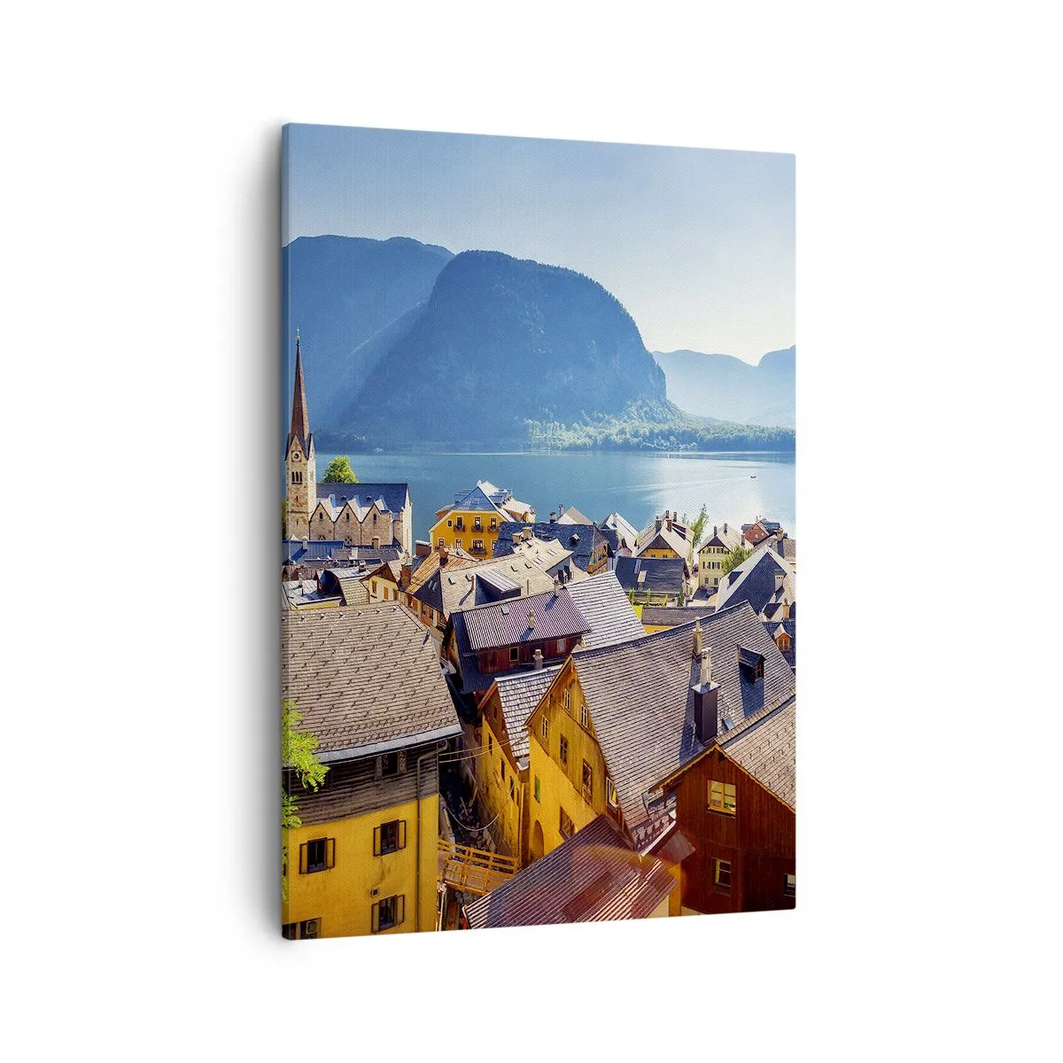 Bild auf Leinwand - Leinwandbild - Ein malerisches Dorf an einem See, umgeben von Bergen an einem sonnigen Tag - 50x70cm - Es könnte nicht malerischer sein - Moderne Wanddekoration für Wohnzimmer und Schlafzimmer ARTTOR