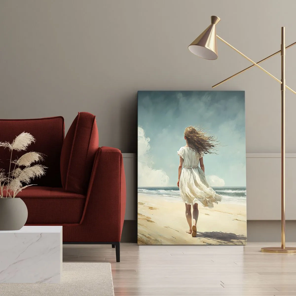 Bild auf Leinwand - Leinwandbild - Eine Frau in einem weißen Kleid geht an einem sonnigen Tag am Strand spazieren - 70x100cm - Der Sonne und dem Wind begegnen - Moderne Wanddekoration für Wohnzimmer und Schlafzimmer ARTTOR