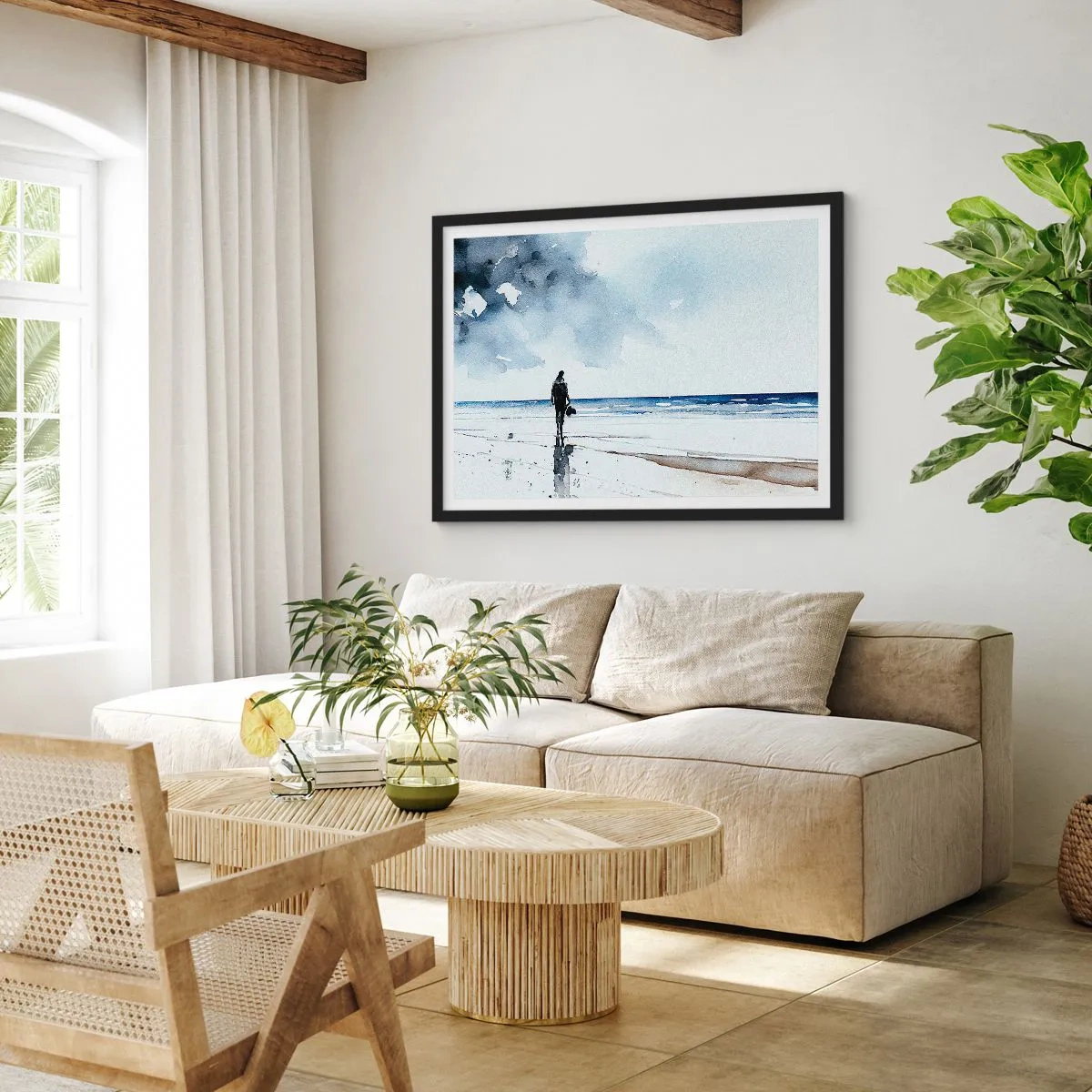 Poster in einem schwarzem Rahmen - Eine Figur an einem Strand in einer ruhigen Meeresumgebung - 70x50cm - Gespräch mit dem Meer - Moderne Wanddekoration für Wohnzimmer und Schlafzimmer ARTTOR