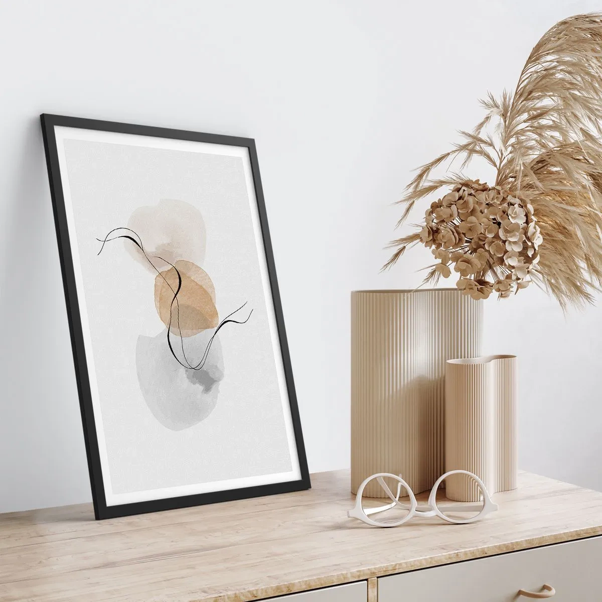 Poster in einem schwarzem Rahmen - Eine abstrakte Komposition in neutralen Farben mit zarten Linien. - 50x70cm - Luftperlen - Moderne Wanddekoration für Wohnzimmer und Schlafzimmer ARTTOR