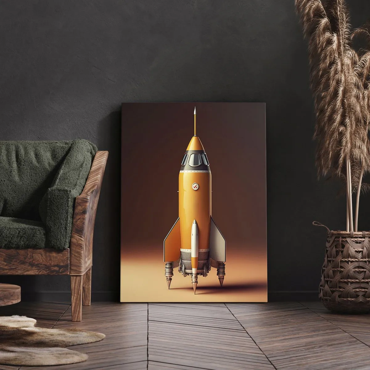 Bild auf Leinwand - Leinwandbild - Eine Rakete im Retro-Stil vor einem Hintergrund in Brauntönen - 80x120cm - Es beginnt mit einem Traum - Moderne Wanddekoration für Wohnzimmer und Schlafzimmer ARTTOR
