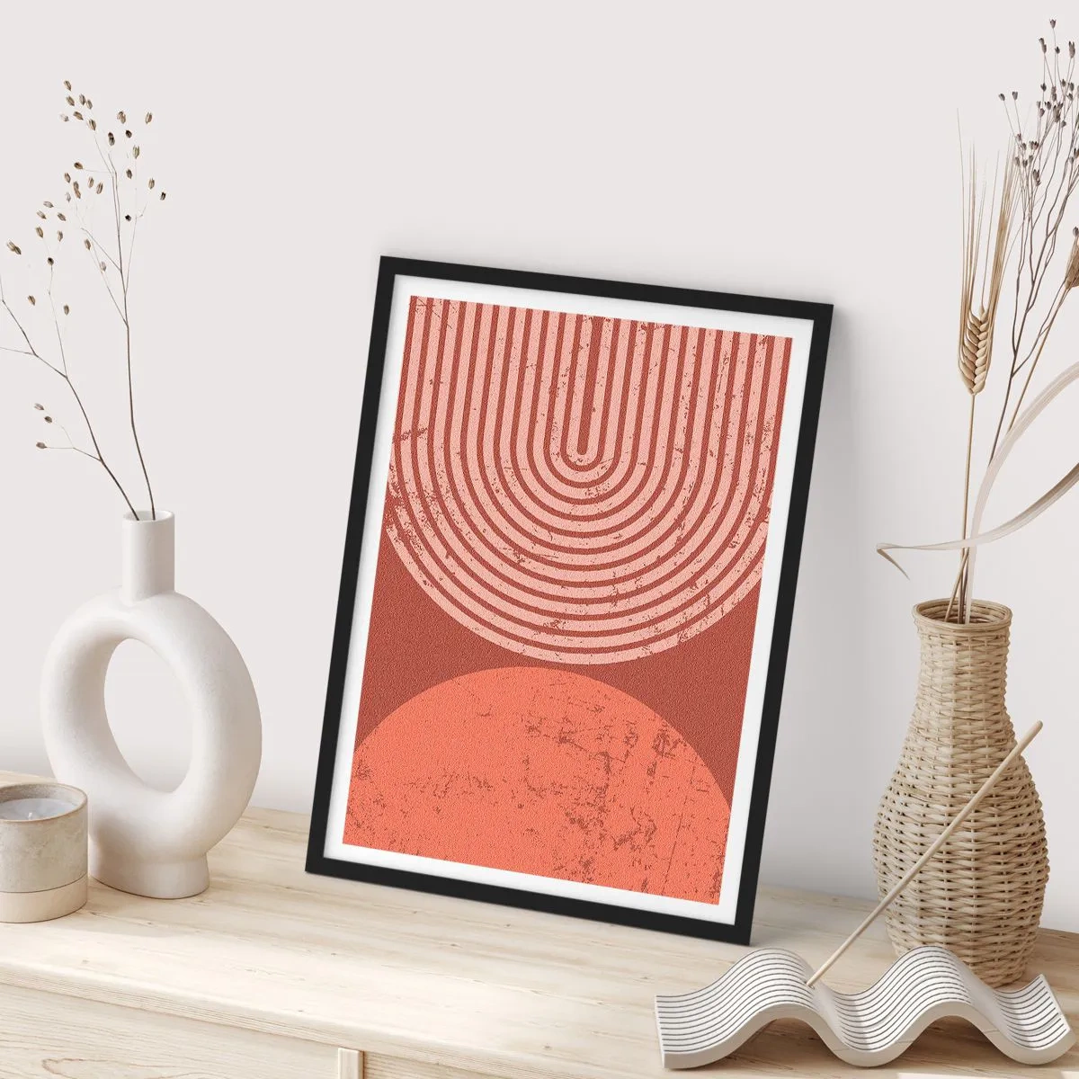 Poster in einem schwarzem Rahmen - Geometrische Abstraktion in Terrakotta-Tönen mit Vintage-Effekt - 50x70cm - Enge Beziehung - Moderne Wanddekoration für Wohnzimmer und Schlafzimmer ARTTOR