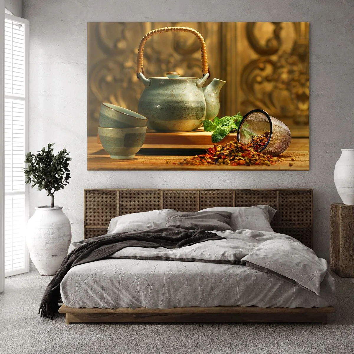 Glasbild - Bild auf glas - Keramik-Teeservice mit Kräutern im klassischen Dekor - 70x50cm - Abhandlung über das Teetrinken - Moderne Wanddekoration für Wohnzimmer und Schlafzimmer ARTTOR