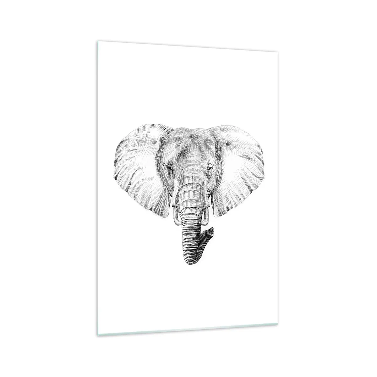 Glasbild - Bild auf glas - Schwarz-weiße Zeichnung eines Elefantenkopfes auf weißem Hintergrund - 70x100cm - Da war ein Elefant, so groß wie - ein Elefant - Moderne Wanddekoration für Wohnzimmer und Schlafzimmer ARTTOR