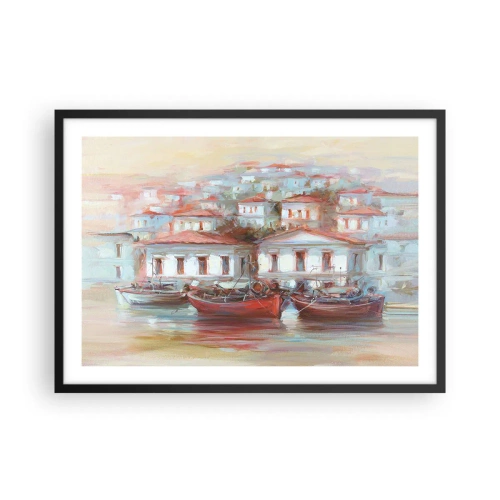 Poster in einem schwarzem Rahmen - Bunte Boote und malerische Gebäude am Wasser in Pastelltönen - 70x50cm - Glückliche Stadt - Moderne Wanddekoration für Wohnzimmer und Schlafzimmer ARTTOR