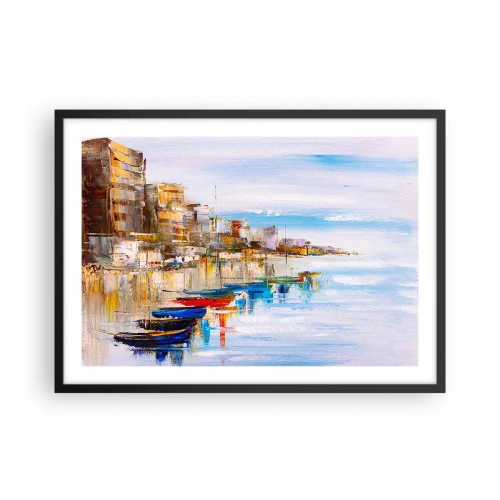 Poster in einem schwarzem Rahmen - Bunte Boote am Ufer mit Blick auf die Skyline der Stadt - 70x50cm - Bunte urbane Oase - Moderne Wanddekoration für Wohnzimmer und Schlafzimmer ARTTOR