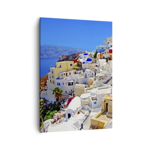 Bild auf Leinwand - Leinwandbild - Panorama von Santorini mit weißen Häusern und blauem Himmel - 50x70cm - Der Traum vom griechischen Sommer - Moderne Wanddekoration für Wohnzimmer und Schlafzimmer ARTTOR