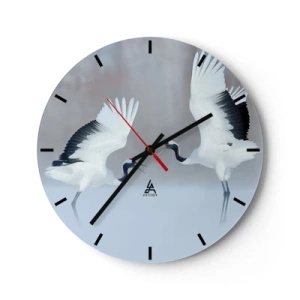 Wanduhr - Glasuhr - Zwei tanzende Kraniche in einer Winterlandschaft - 30x30cm - Tanz im Nebel - Moderne Wanddekoration für Wohnzimmer, Küche und Schlafzimmer ARTTOR