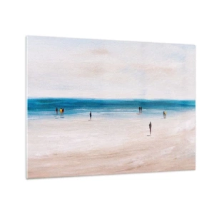 Glasbild - Bild auf glas - Ein ruhiger Strand mit Silhouetten von Menschen, die am Meer entlang spazieren - 70x50cm - Natürliches Bedürfnis - Moderne Wanddekoration für Wohnzimmer und Schlafzimmer ARTTOR