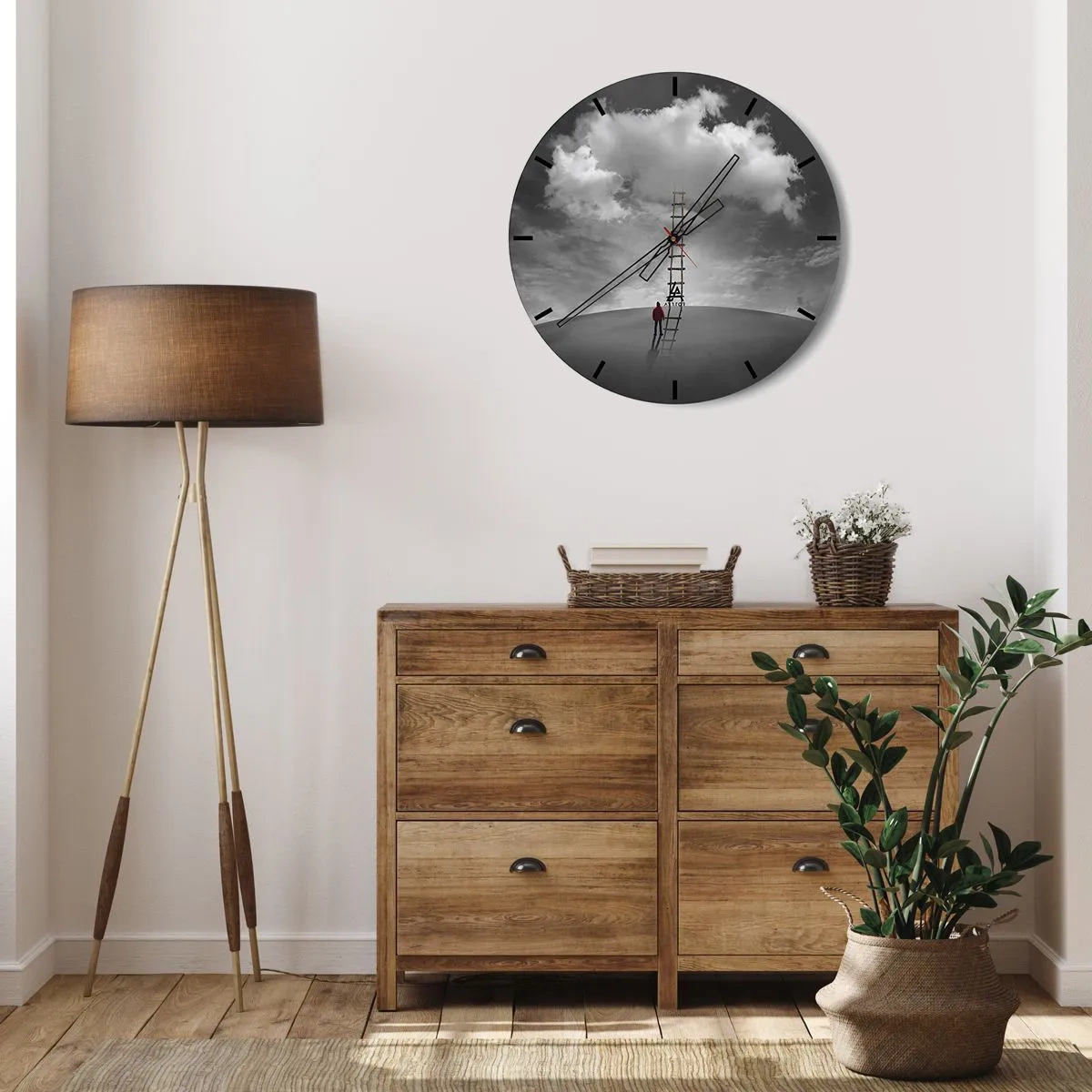 Wanduhr - Glasuhr - Ein Mann klettert eine Leiter hinauf zu einer Wolke am Himmel - 30x30cm - Alles ist möglich - Moderne Wanddekoration für Wohnzimmer, Küche und Schlafzimmer ARTTOR