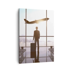 Bild auf Leinwand - Leinwandbild - Geschäftsmann am Flughafen mit einem Flugzeug im Hintergrund - 50x70cm - Du hast Zeit, lass dir Zeit - Moderne Wanddekoration für Wohnzimmer und Schlafzimmer ARTTOR