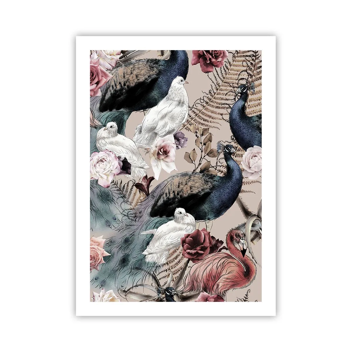 Poster - Bunte Vögel und Blumen auf beigem Hintergrund - 50x70cm - Im Schlossgarten - Moderne Wanddekoration für Wohnzimmer und Schlafzimmer ARTTOR