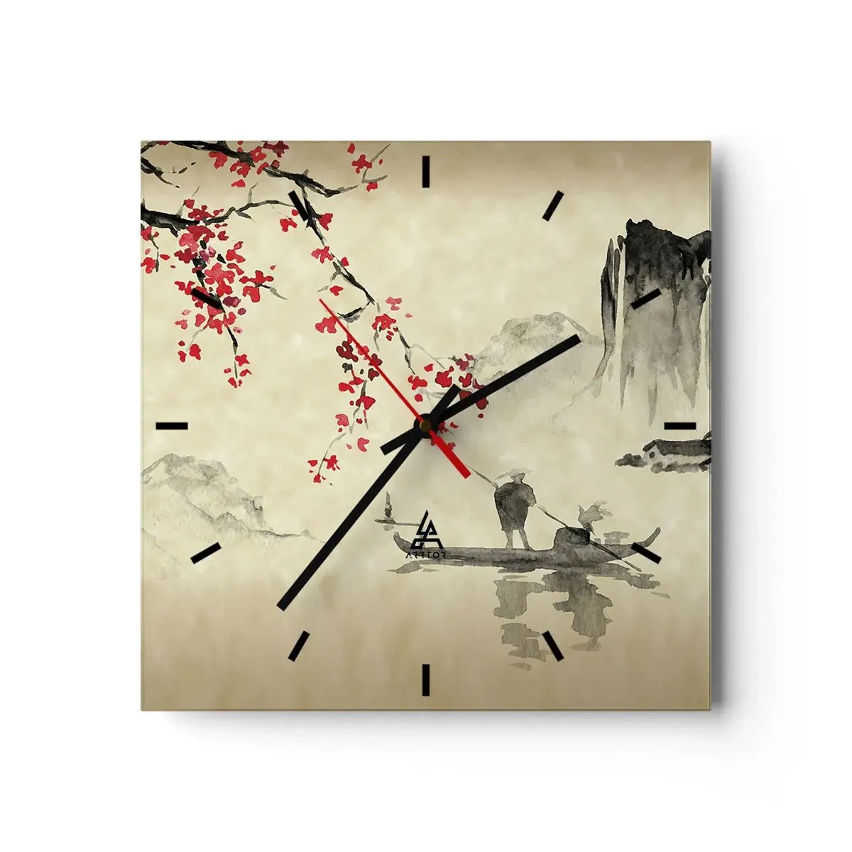 Wanduhr - Glasuhr - Orientalische Illustration mit einem Boot und einem blühenden Zweig - 30x30cm - Im Land der blühenden Kirschbäume - Moderne Wanddekoration für Wohnzimmer und Schlafzimmer ARTTOR