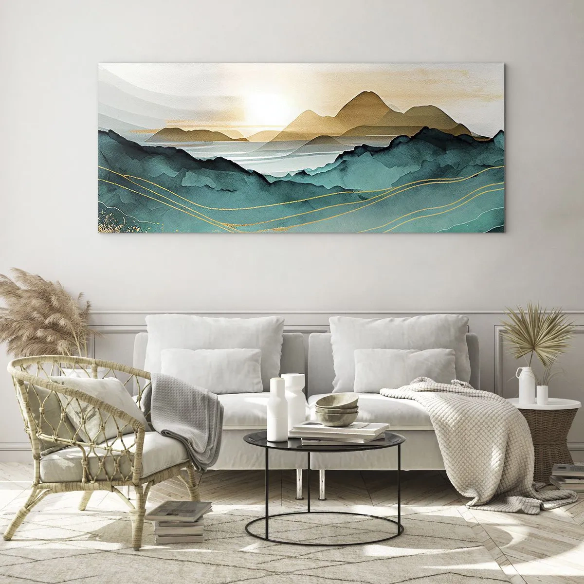 Glasbild - Bild auf glas - Abstrakte Landschaft mit Bergen und goldenen Akzenten - 160x50cm - Am Rande der Abstraktion – Landschaft - Moderne Wanddekoration für Wohnzimmer und Schlafzimmer ARTTOR