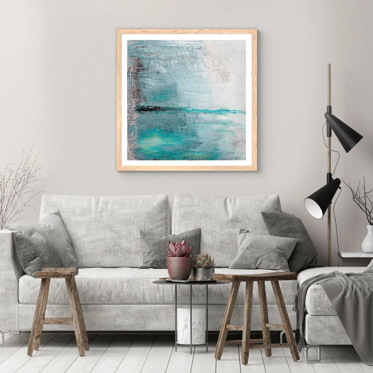 Poster in einem Rahmen aus heller Eiche - Horizontal in Blau - 40x40 cm