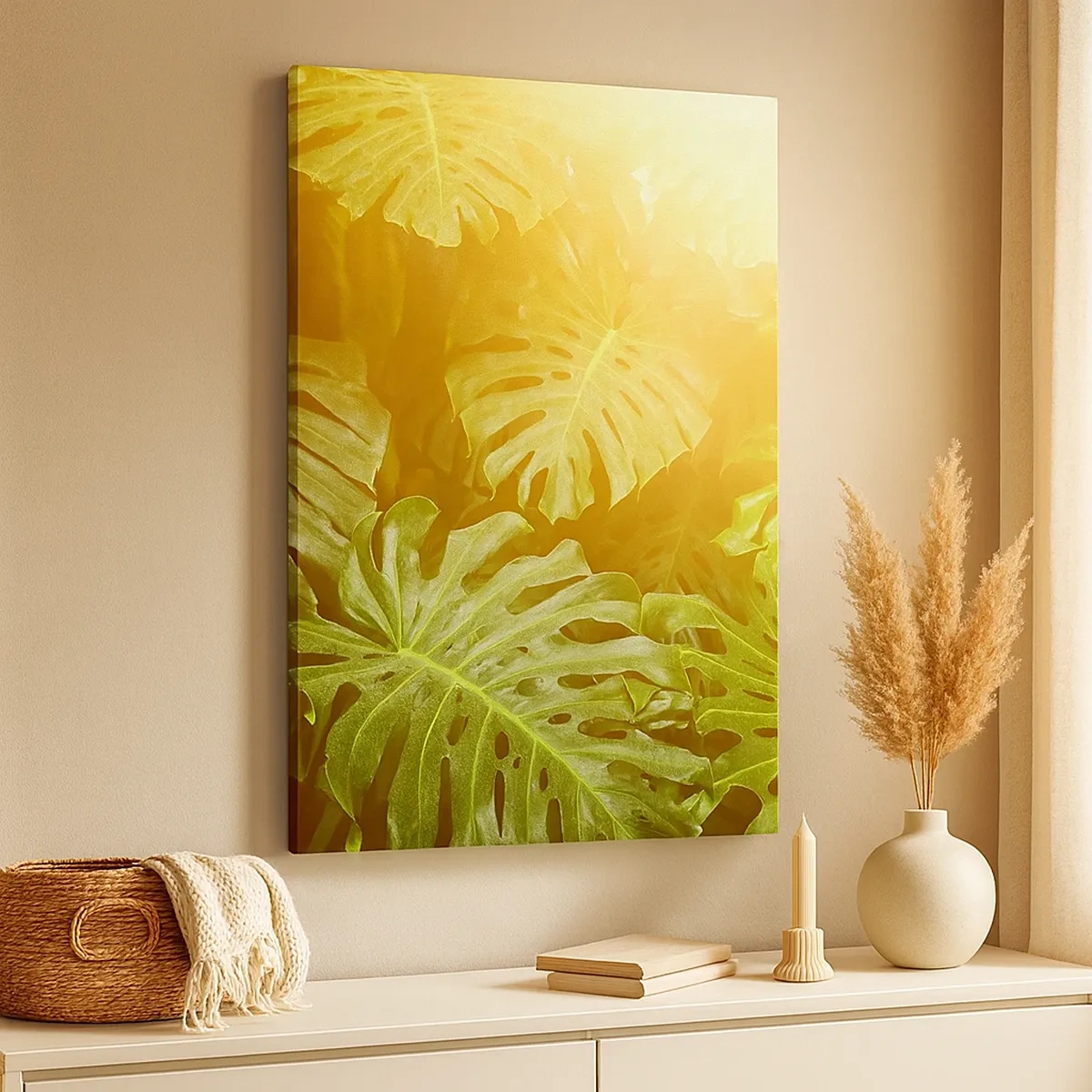 Bild auf Leinwand - Leinwandbild - Monstera-Blätter im Sonnenlicht vor einem natürlichen Hintergrund - 50x70cm - Ins Grüne tretren... - Moderne Wanddekoration für Wohnzimmer und Schlafzimmer ARTTOR