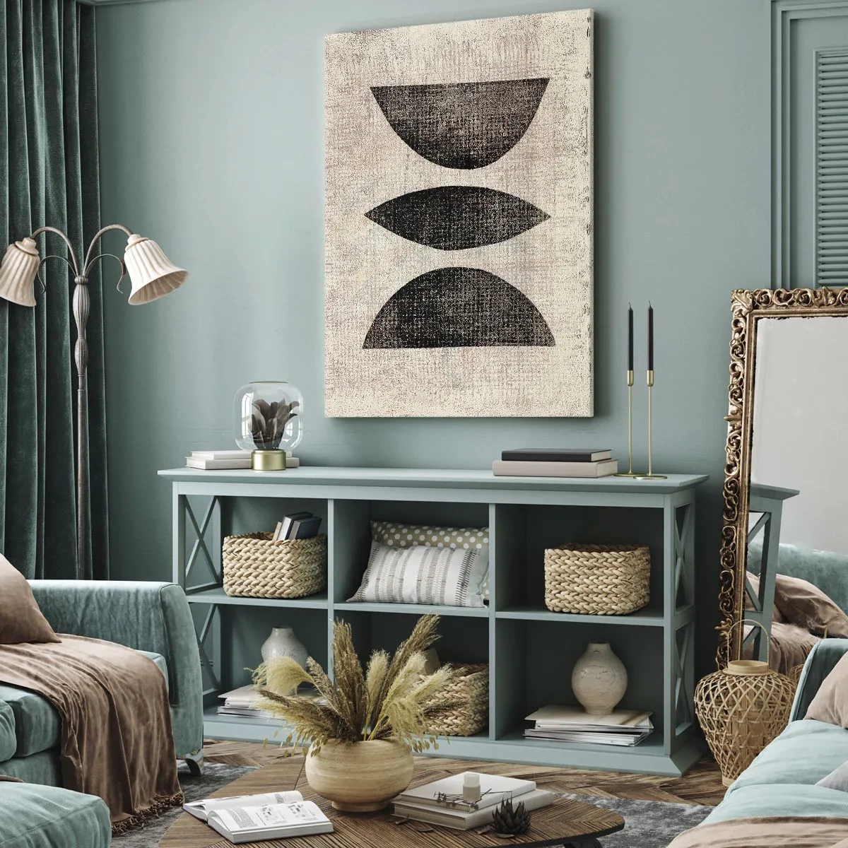 Bild auf Leinwand - Leinwandbild - Ethnische Formen in dunklen Tönen auf hellem Hintergrund - 70x100cm - Ethnische Abstraktion - Moderne Wanddekoration für Wohnzimmer und Schlafzimmer ARTTOR