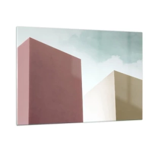 Glasbild - Bild auf glas - Geometrische Gebäude in Pastellfarben - 120x80cm - Geometrie des sonnigen Sommers - Moderne Wanddekoration für Wohnzimmer und Schlafzimmer ARTTOR