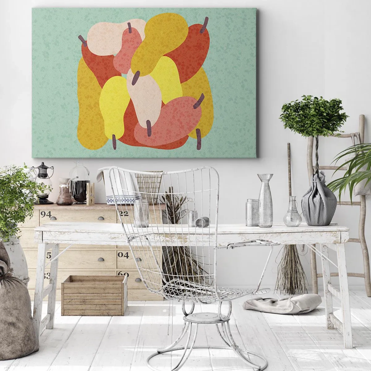 Bild auf Leinwand - Leinwandbild - Bunte abstrakte Birnen auf grünem Hintergrund - 100x70cm - Probieren Sie die Sommersonne - Moderne Wanddekoration für Wohnzimmer und Schlafzimmer ARTTOR