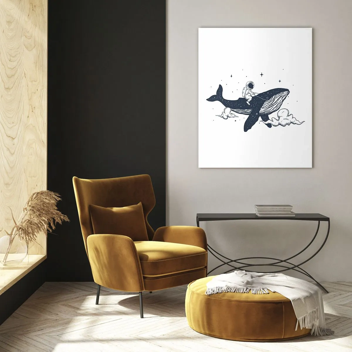 Glasbild - Bild auf glas - Astronaut reitet auf einem Wal zwischen Sternen und Wolken - 50x70cm - Weltraumabenteuer - Moderne Wanddekoration für Wohnzimmer und Schlafzimmer ARTTOR