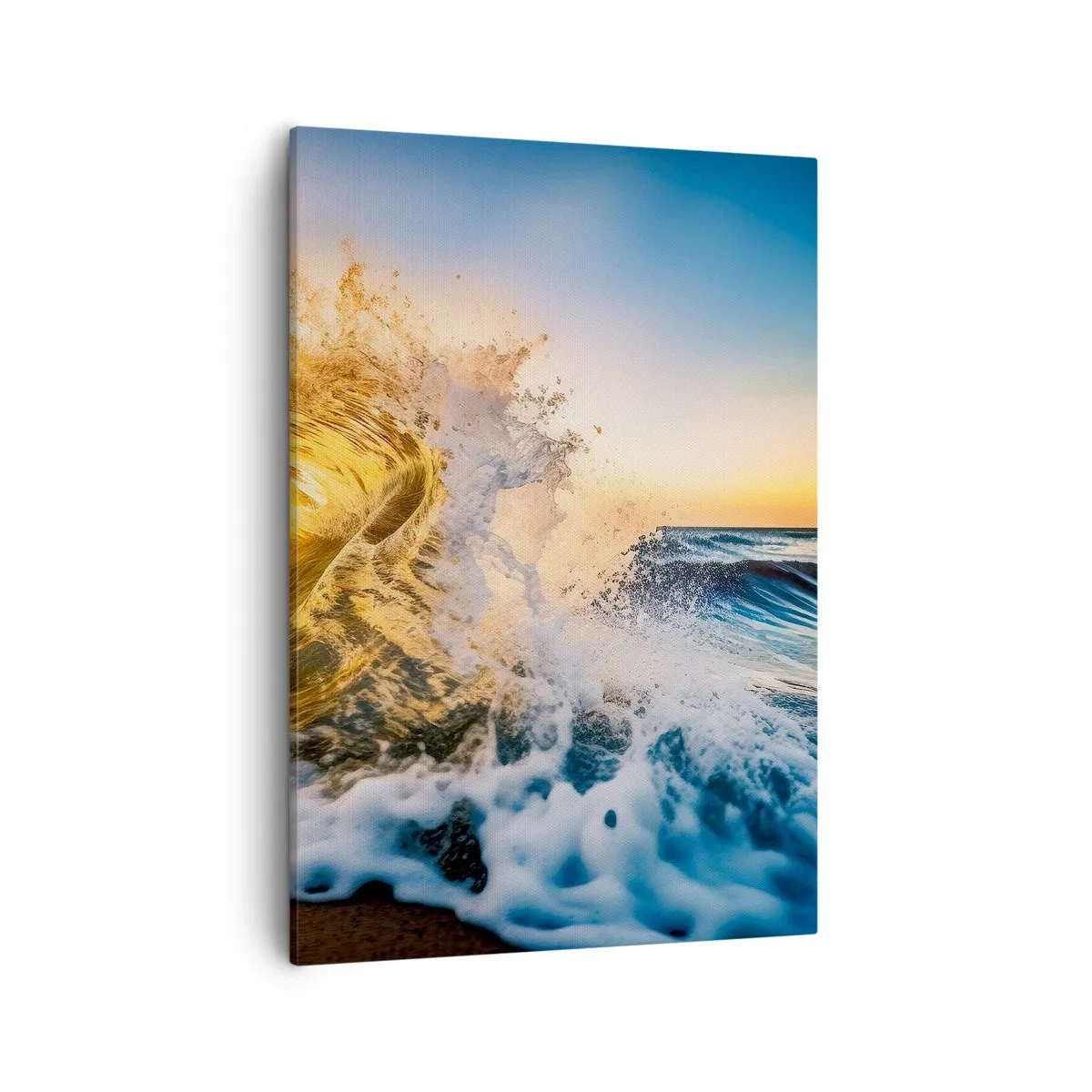 Bild auf Leinwand - Leinwandbild - Eine goldene Welle vor dem Hintergrund der untergehenden Sonne - 50x70cm - Spaß im Sand - Moderne Wanddekoration für Wohnzimmer und Schlafzimmer ARTTOR