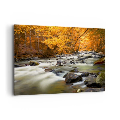 Bild auf Leinwand - Leinwandbild - Ein Bach in einem herbstlichen Wald, umgeben von goldenen Blättern - 100x70cm - Ein Bach in einem goldenen Wald - Moderne Wanddekoration für Wohnzimmer und Schlafzimmer ARTTOR