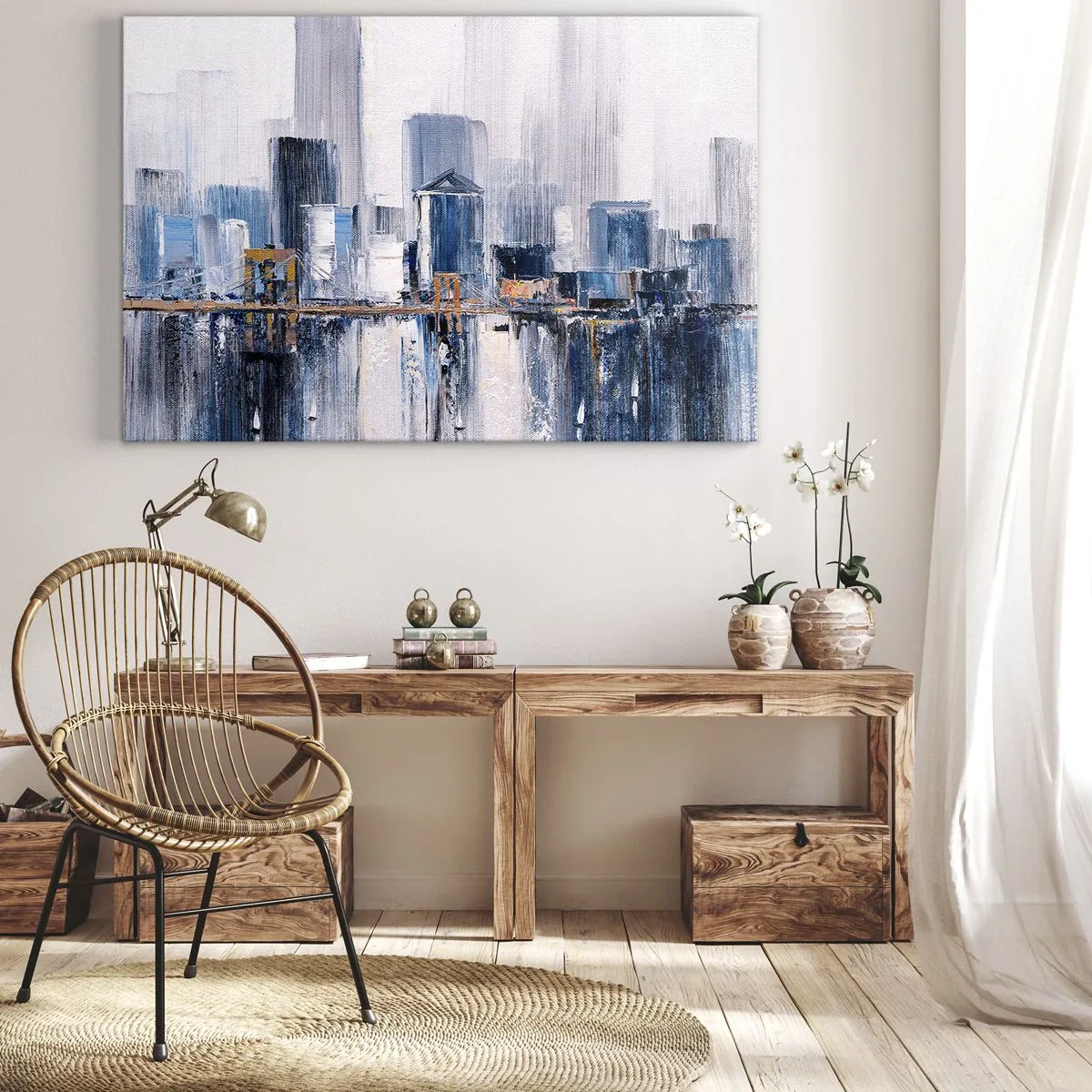Bild auf Leinwand - Leinwandbild - Abstraktes Stadtpanorama mit Blau- und Gelbtönen - 100x70cm - New Yorker Eindruck - Moderne Wanddekoration für Wohnzimmer und Schlafzimmer ARTTOR