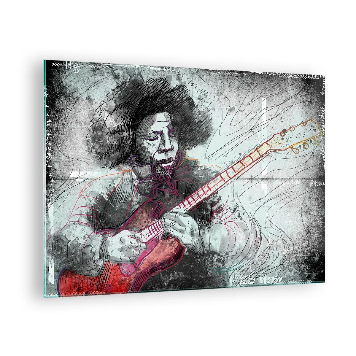 Glasbild - Bild auf glas - Künstlerisches Portrait eines Musikers mit E-Gitarre - 70x50cm - Auf den Wellen der Musik - Moderne Wanddekoration für Wohnzimmer und Schlafzimmer ARTTOR