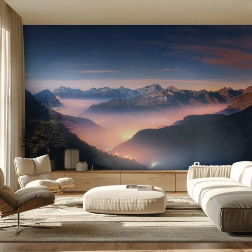 Fototapete Premium Sand - Eine Berglandschaft in der Abenddämmerung mit vom Licht erleuchteten Tälern - 100x70cm - Licht in den Tälern - Moderne Wanddekoration für Wohnzimmer und Schlafzimmer ARTTOR