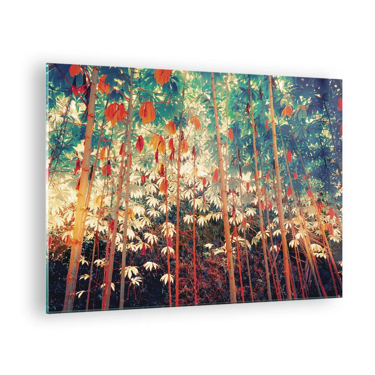 Glasbild - Bild auf glas - Farbenfroher Bambuswald mit warmer Beleuchtung - 70x50cm - Das geheime Leben der Blätter - Moderne Wanddekoration für Wohnzimmer und Schlafzimmer ARTTOR
