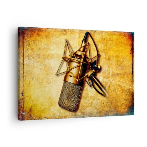 Bild auf Leinwand - Leinwandbild - Ein goldenes Studiomikrofon vor einem Vintage-Hintergrund in warmen Tönen. - 70x50cm - Die goldenen Jahre des Radios - Moderne Wanddekoration für Wohnzimmer und Schlafzimmer ARTTOR