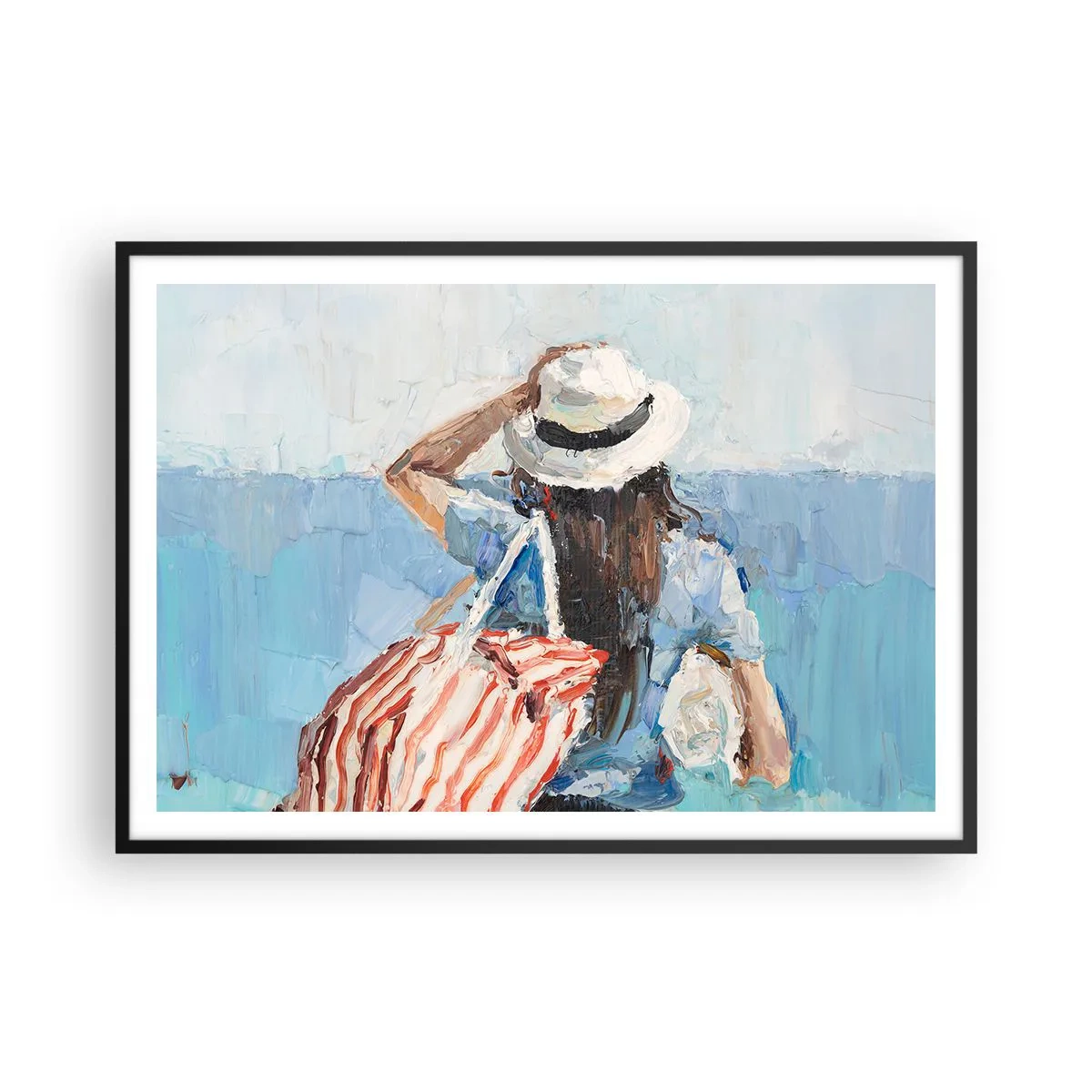 Poster in einem schwarzem Rahmen - Eine Frau mit Hut vor dem blauen Meer - 100x70cm - Willkommen in den Sommerferien - Moderne Wanddekoration für Wohnzimmer und Schlafzimmer ARTTOR