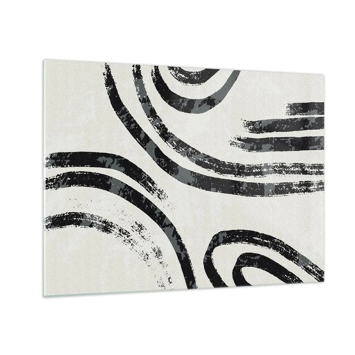 Glasbild - Bild auf glas - Schwarze halbkreisförmige Linien in minimalistischer Abstraktion auf hellem Hintergrund - 70x50cm - Bei Hälfte angehalten - Moderne Wanddekoration für Wohnzimmer und Schlafzimmer ARTTOR
