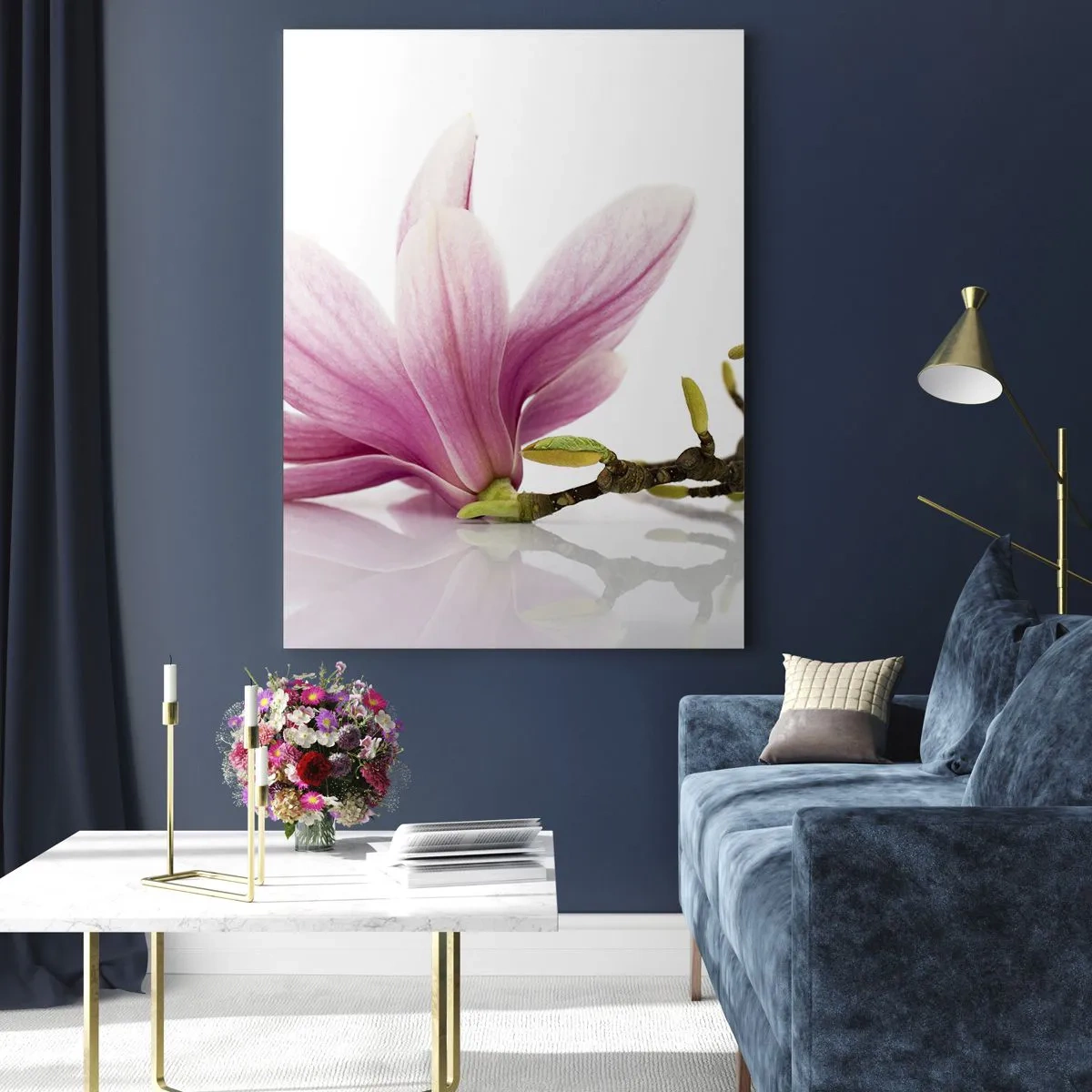 Glasbild - Bild auf glas - Zarte rosa Magnolien auf weißem Hintergrund - 70x100cm - Zart wie ein Frühlingswind - Moderne Wanddekoration für Wohnzimmer und Schlafzimmer ARTTOR