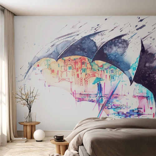 Maßgeschneiderte Fototapete Premium Sand - Im Regen spazieren gehen - Abstraktion, Regenschirm, Die Architektur