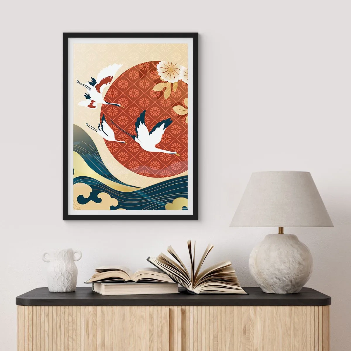 Poster in einem schwarzem Rahmen - Japanische Komposition mit Kranichen, Wellen und einem roten Kreis - 50x70cm - Japanisches Märchen - Moderne Wanddekoration für Wohnzimmer und Schlafzimmer ARTTOR