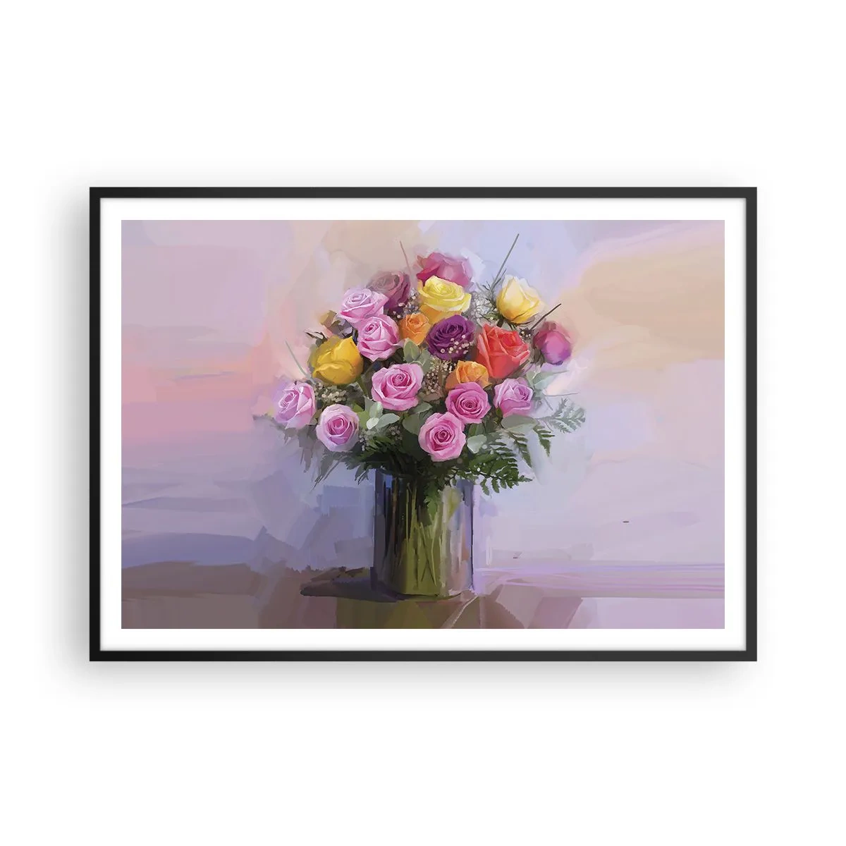 Poster in einem schwarzem Rahmen - Ein Strauß bunter Rosen in einer Glasvase - 100x70cm - Festgehaltene Schönheit - Moderne Wanddekoration für Wohnzimmer und Schlafzimmer ARTTOR