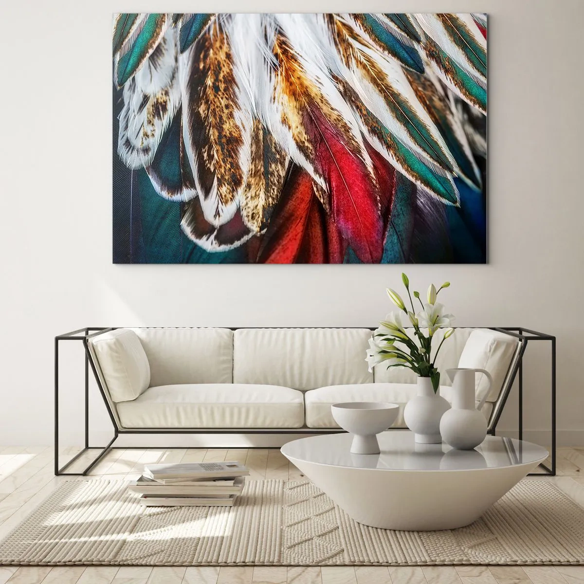 Glasbild - Bild auf glas - Bunte Federn in einer reichen Farbpalette mit einer ausgeprägten Textur - 70x50cm - Geheimnisse des Fliegens - Moderne Wanddekoration für Wohnzimmer und Schlafzimmer ARTTOR