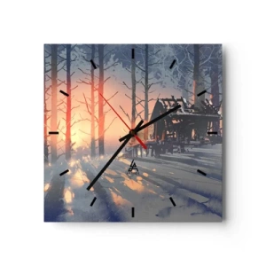Wanduhr - Glasuhr - Ein Waldhäuschen in einer Winterlandschaft mit den Strahlen der untergehenden Sonne - 30x30cm - Hier sieht nur die Sonne rein - Moderne Wanddekoration für Wohnzimmer und Schlafzimmer ARTTOR