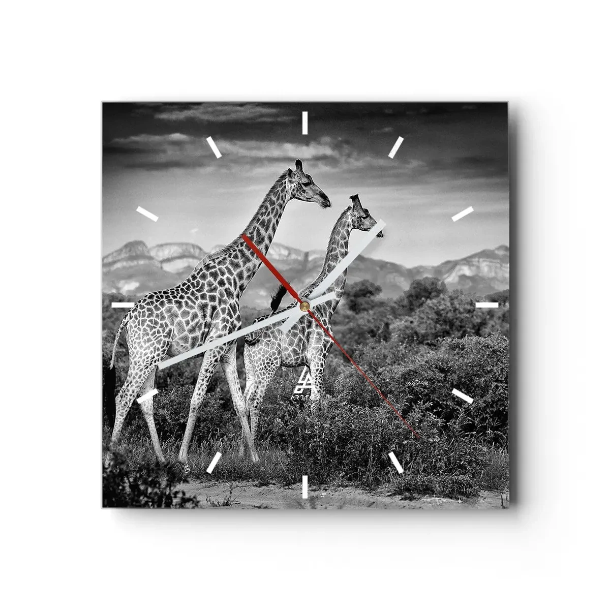 Wanduhr - Glasuhr - Schwarz-weiße Silhouetten zweier Giraffen in der Savanne - 30x30cm - Hohe Sphären in Afrika - Moderne Wanddekoration für Wohnzimmer und Schlafzimmer ARTTOR